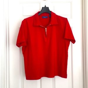 Karen Scott Top Large Red Collar Gold Zipper Short Sleeves Tee